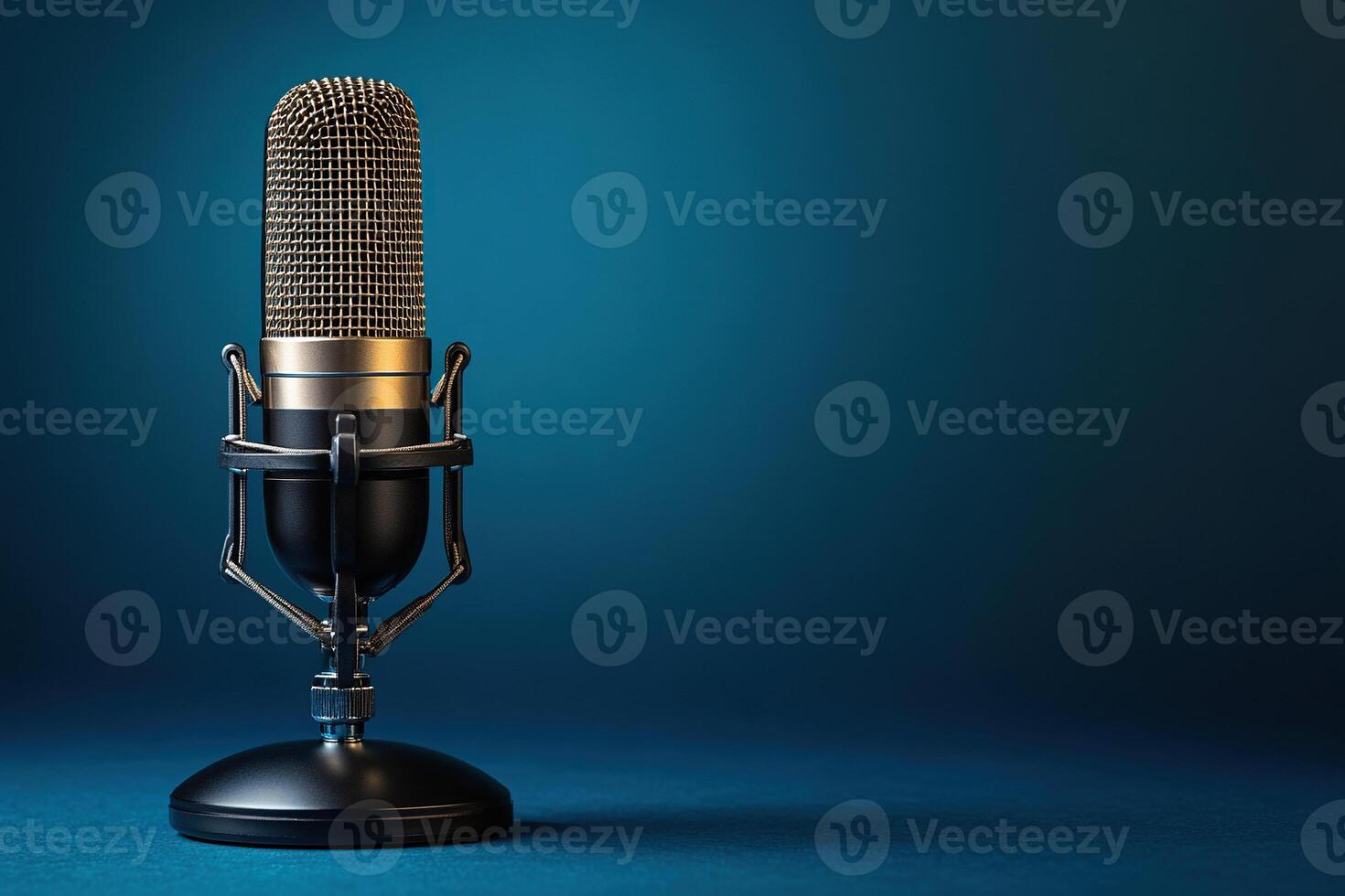 Professional microphone with golden mesh stands on blue table surface. Broadcasting concept. Blue background with space for text. Generated by artificial intelligence photo