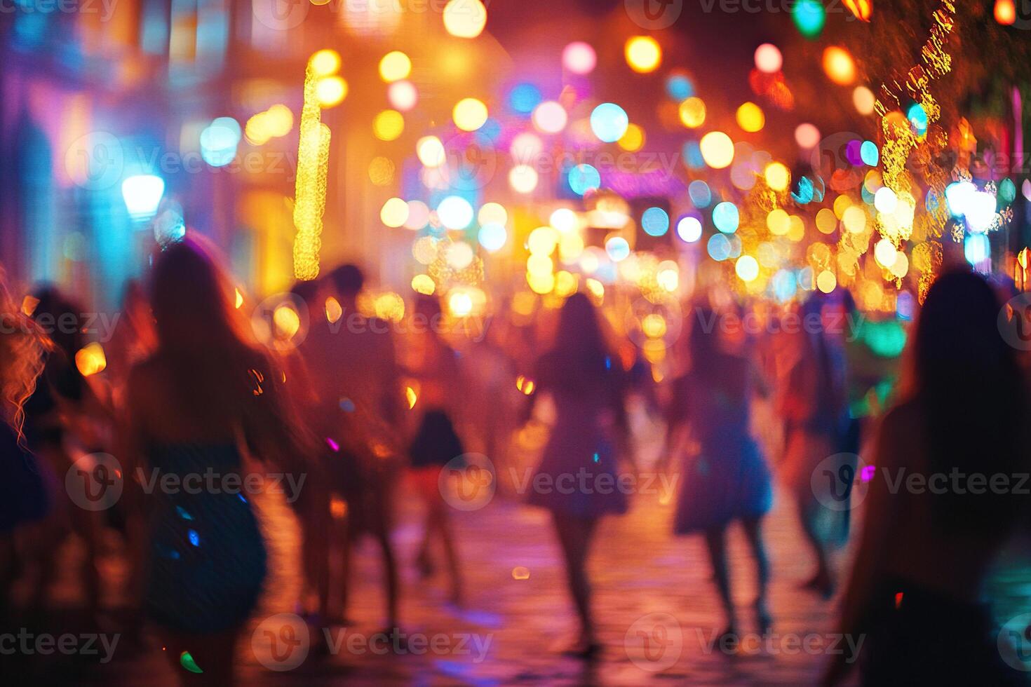 Light bokeh of people dancing at a street festival in the evening. photo