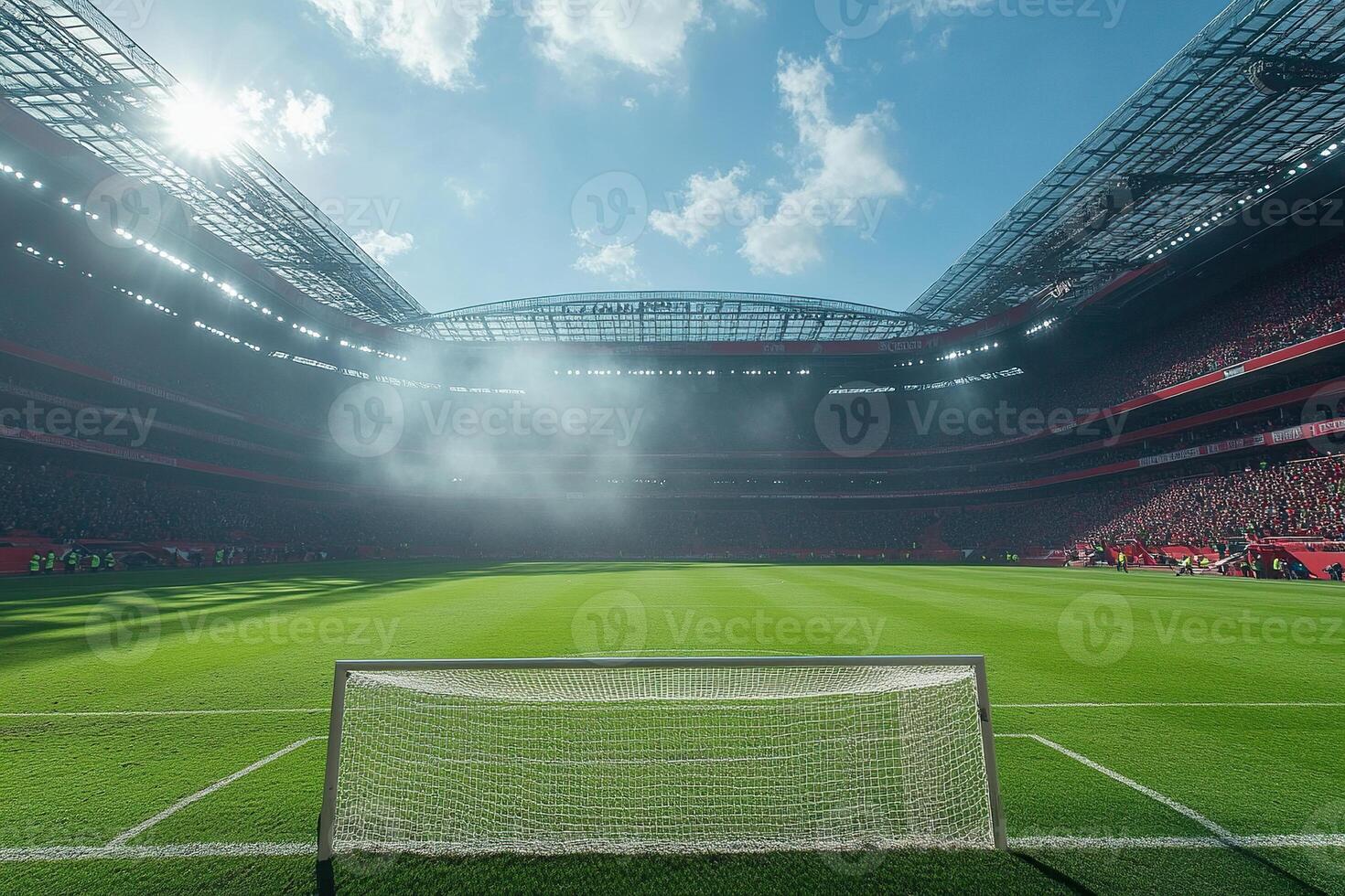 Empty outdoor football stadium on a sunny day. Generated by artificial intelligence photo