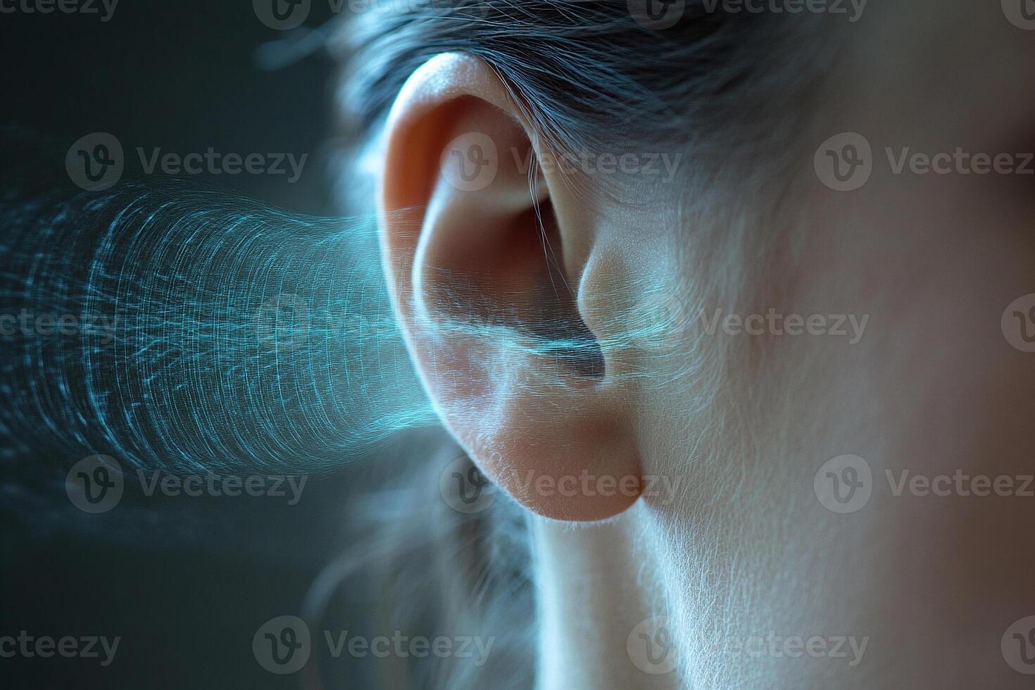 The human ear detects sound vibrations around it. The human auditory sensory system. photo