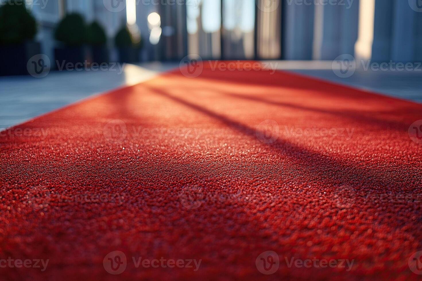 Close-up of red carpet illuminated by sun at hotel entrance. Generated by artificial intelligence photo