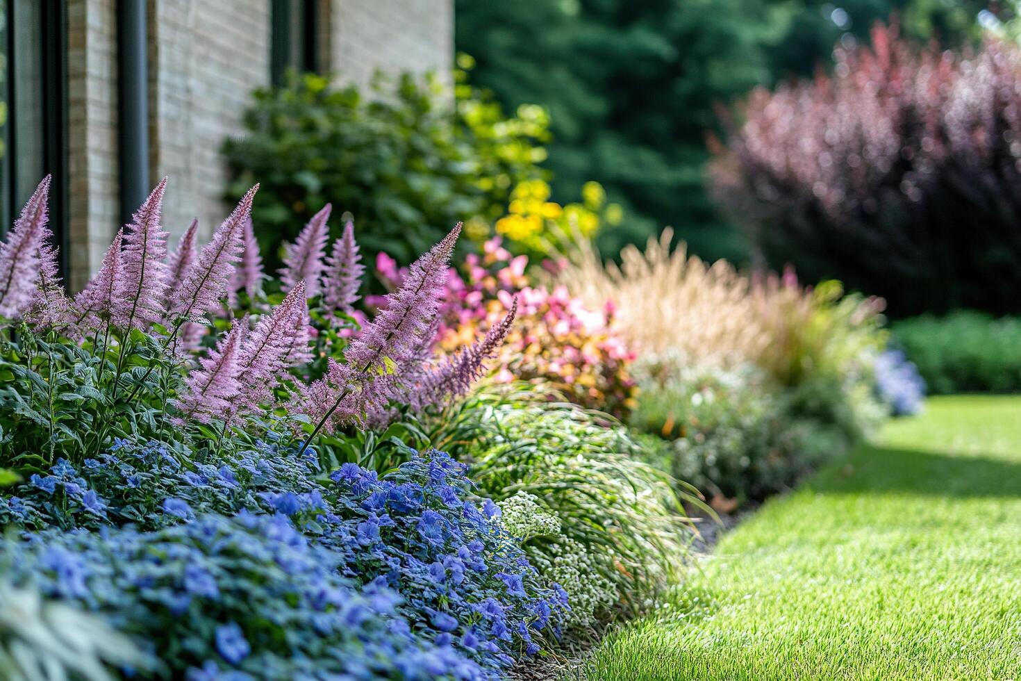 Landscape design. Astilbe, blue molinia, heuchera and miscanthus plants in one flowerbed in the garden of a country private house photo