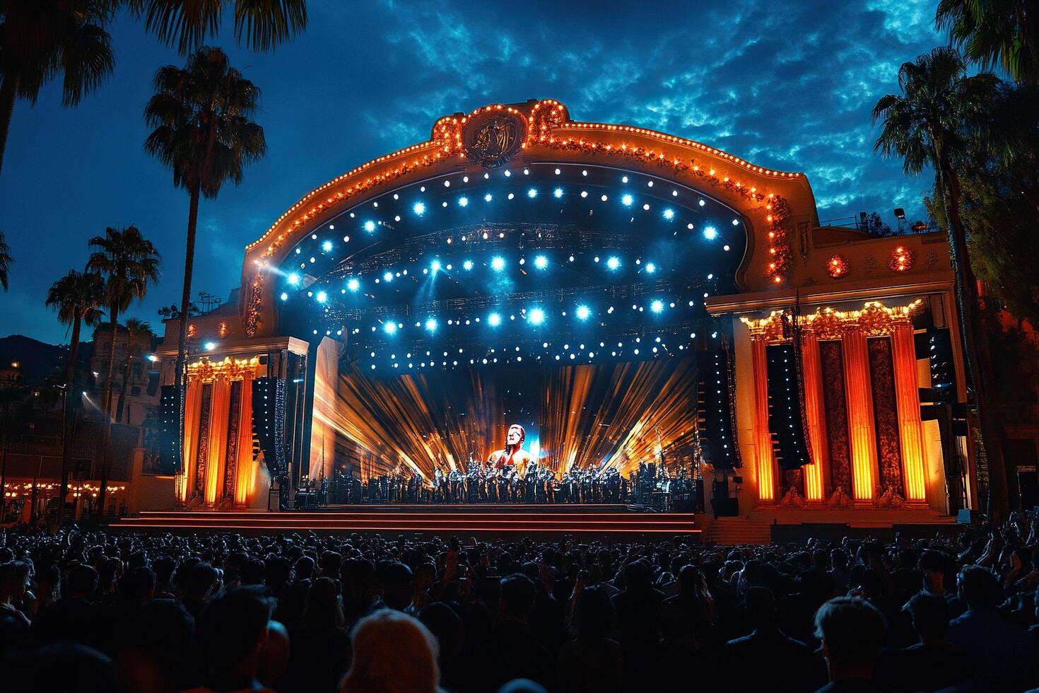 A crowd of people in front of an empty stage with a big screen and lots of spotlights, the stage is ready for a superstar to perform photo