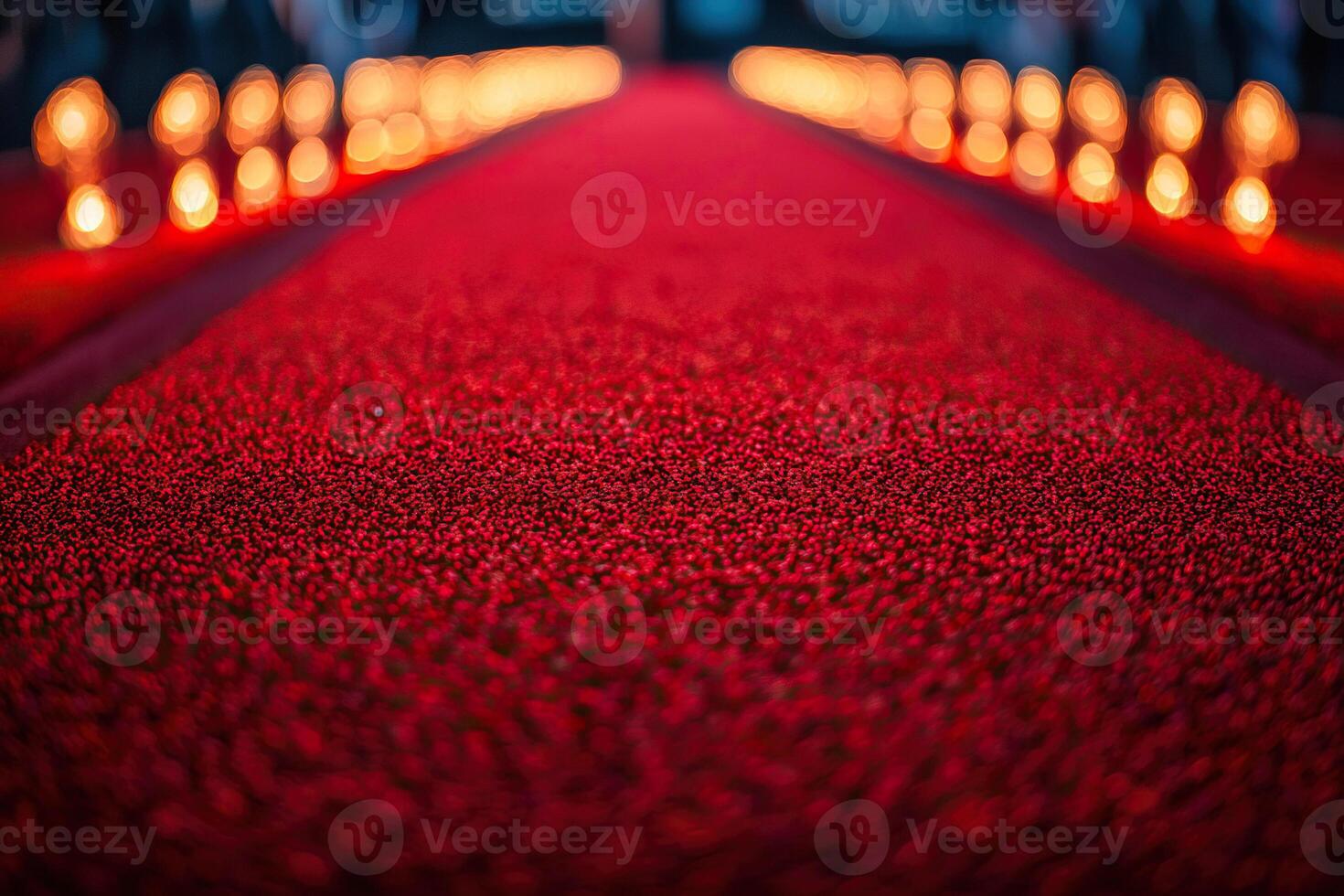 Red carpet at a film festival with a blurred gold lights background. Generated by artificial intelligence photo