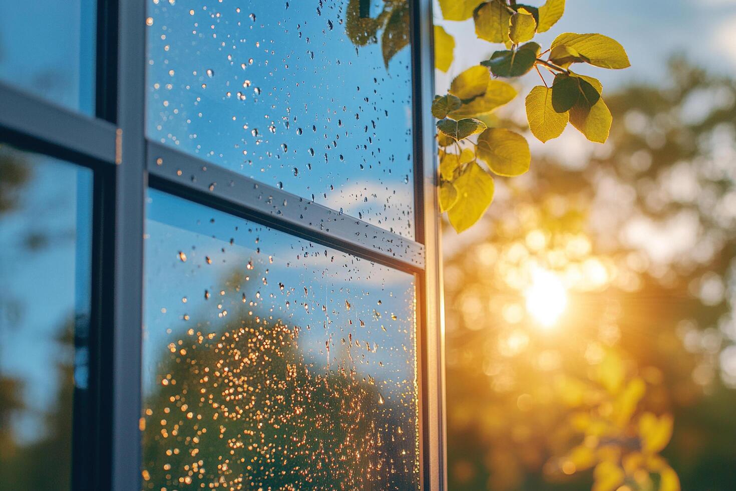 Close up of wet glass with dark window frames, green leaves of trees nearby in sunlight. Exterior of country house. Generated by artificial intelligence photo