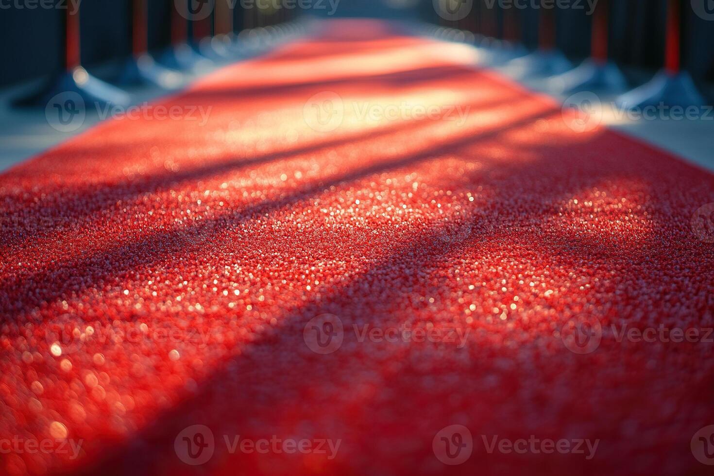 Close-up of the red carpet for celebrities and guests of an expensive event. Wide panoramic rope fence with metal posts. photo