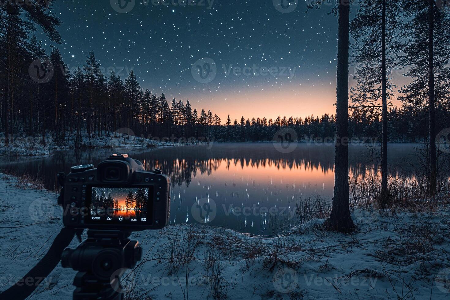 The camera is set up near a forest lake on a clear starry night. Generated by artificial intelligence photo