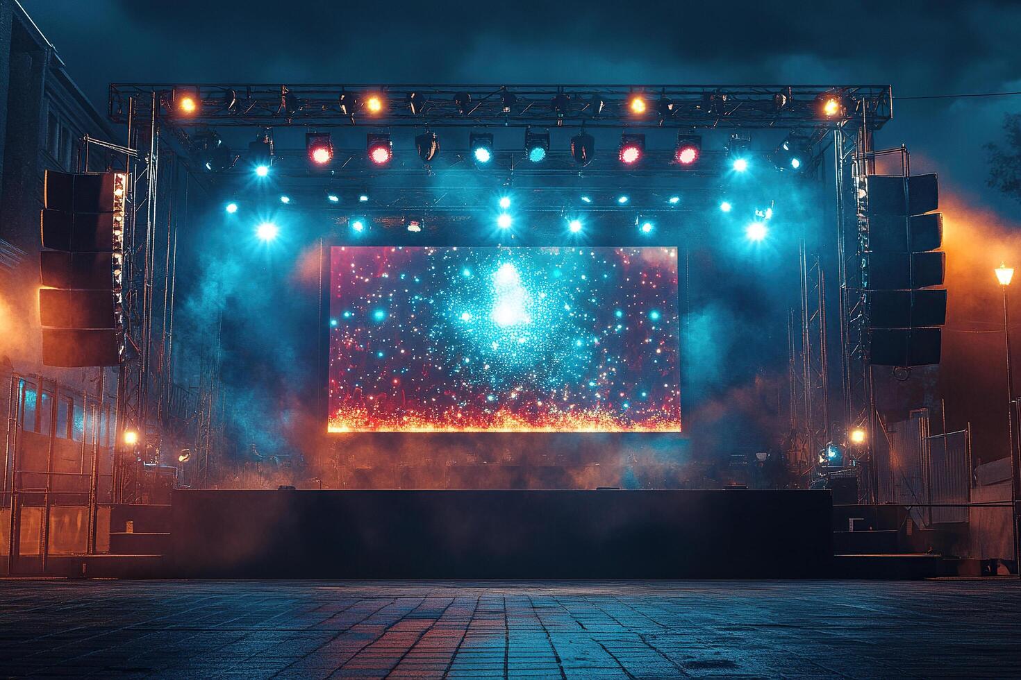 Outdoor stage with musical instruments and a big screen in stage smoke and neon lighting. Crowd of people in front of an empty stage. photo