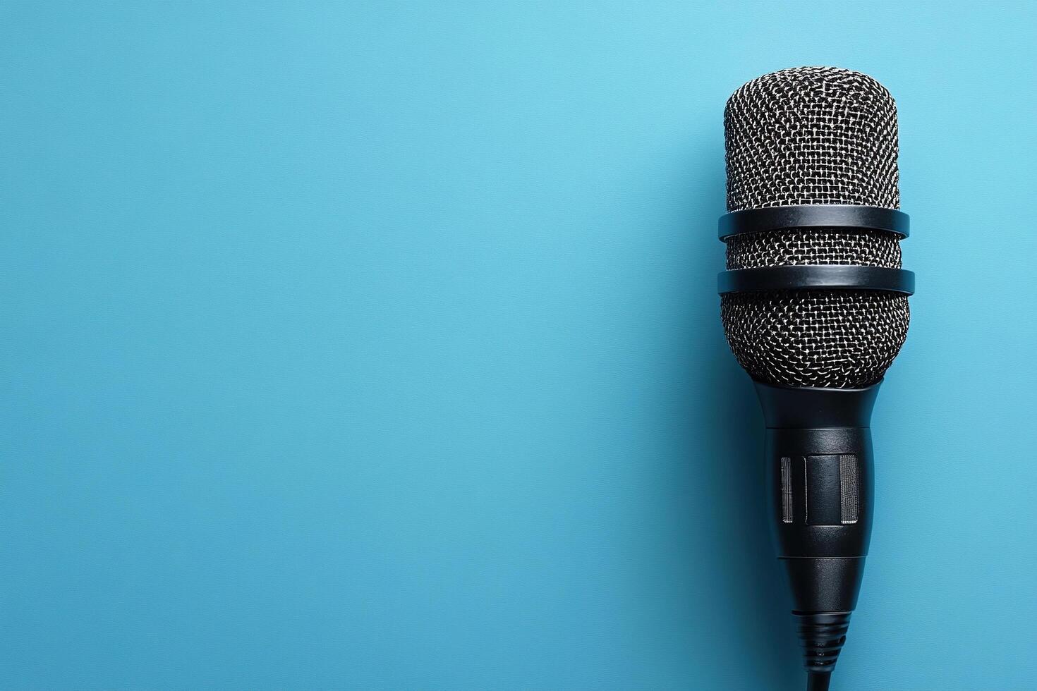 Microphone with elegant design and silver mesh head and black body, ideal for performances, recording and public speaking. Microphone on a blue background with copy space. photo