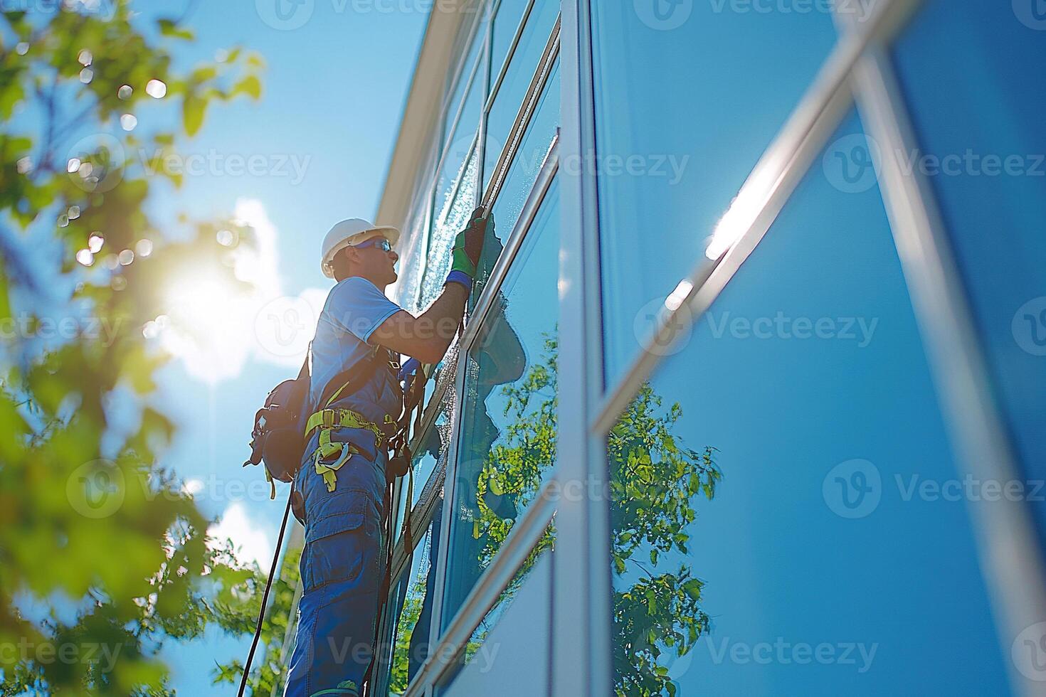 A professional cleaner in overalls and a helmet washes windows and shop windows at a height using special equipment. Generated by artificial intelligence photo