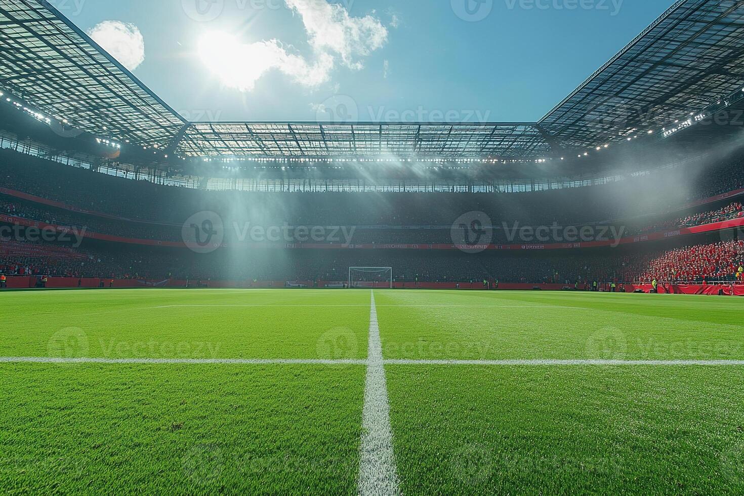An empty football stadium before the game. Perfect grass surface with markings. Generated by artificial intelligence photo