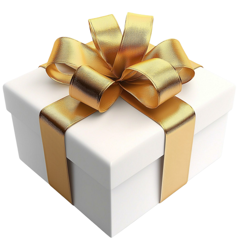 White gift box with golden ribbon bow png