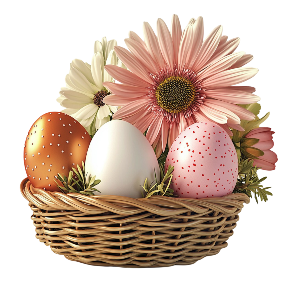 Easter eggs in wicker basket with pink flowers on png