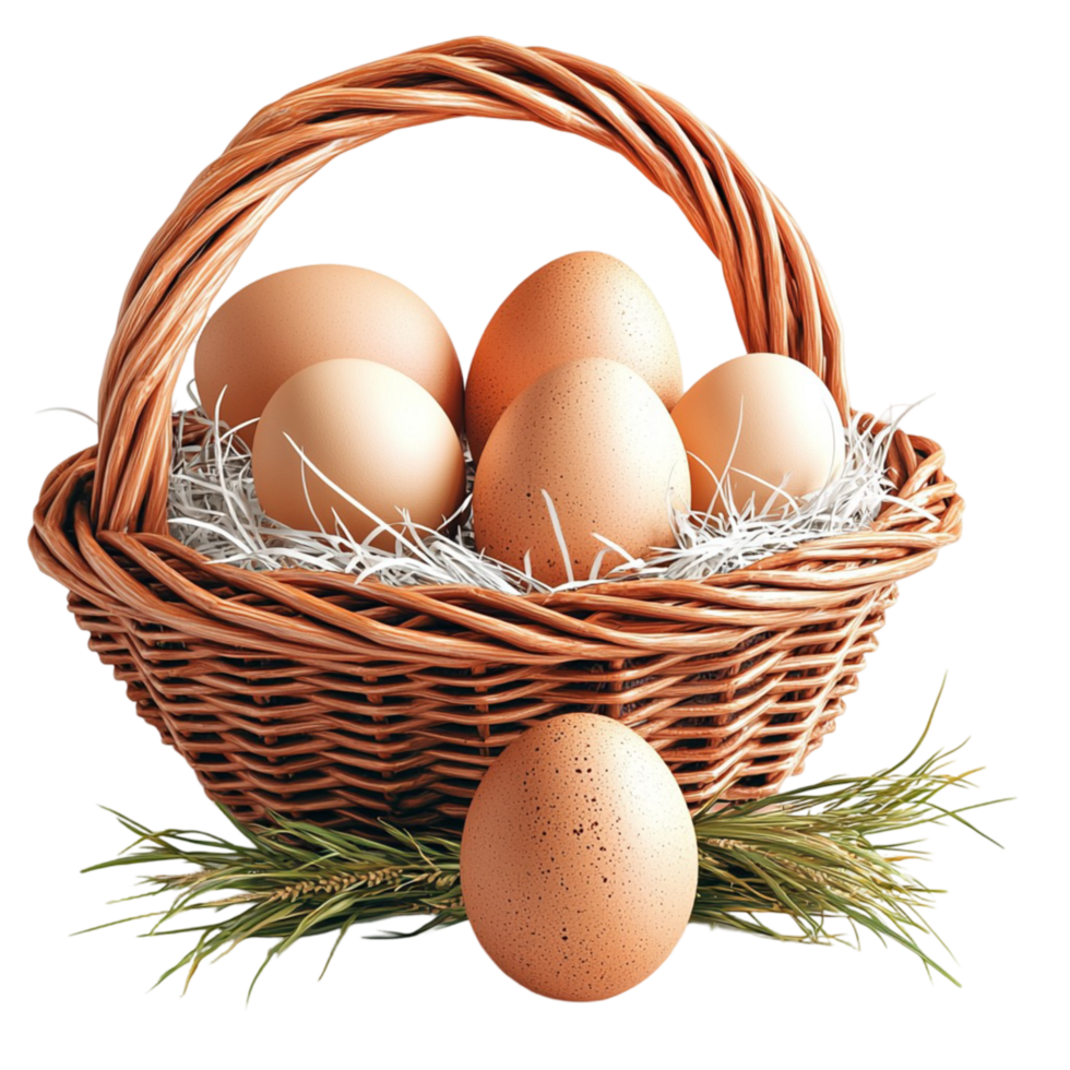 Wicker basket with brown and white eggs on png
