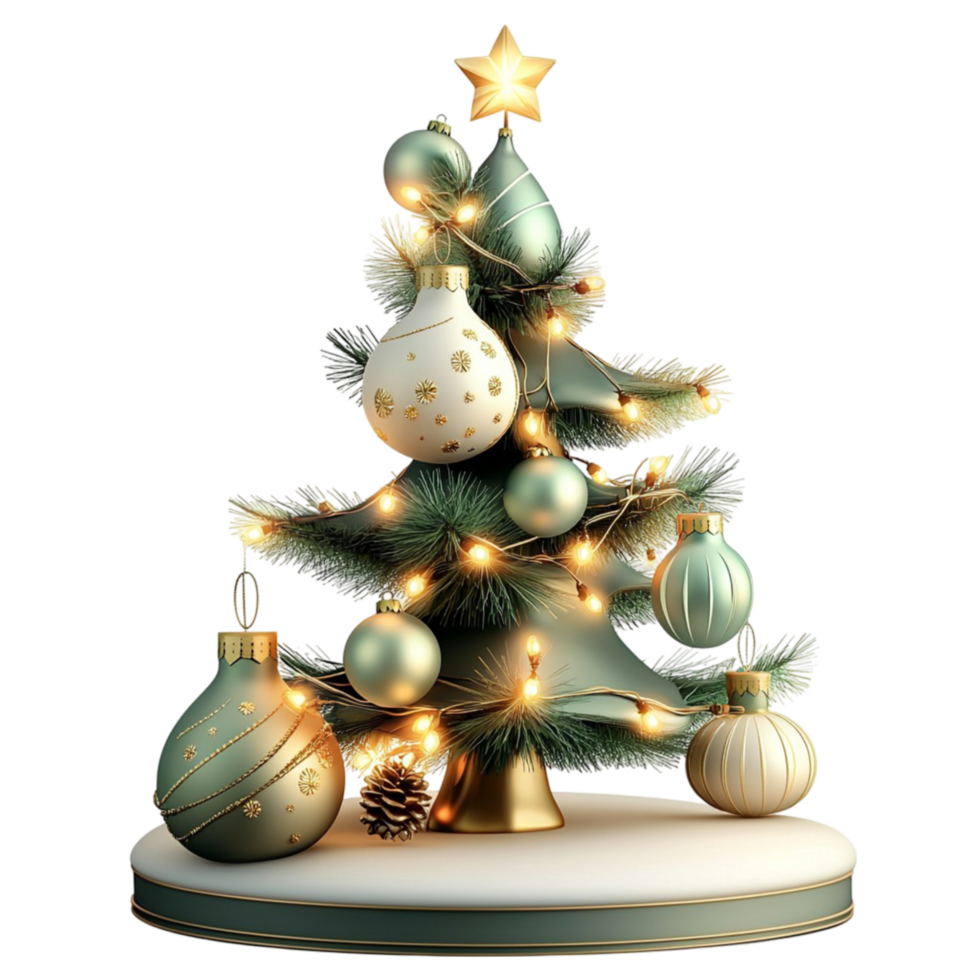 Small Christmas tree with ornaments and lights on png