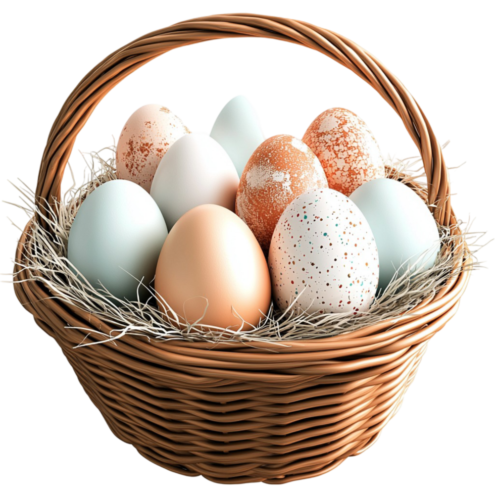 Easter eggs in wicker basket on png