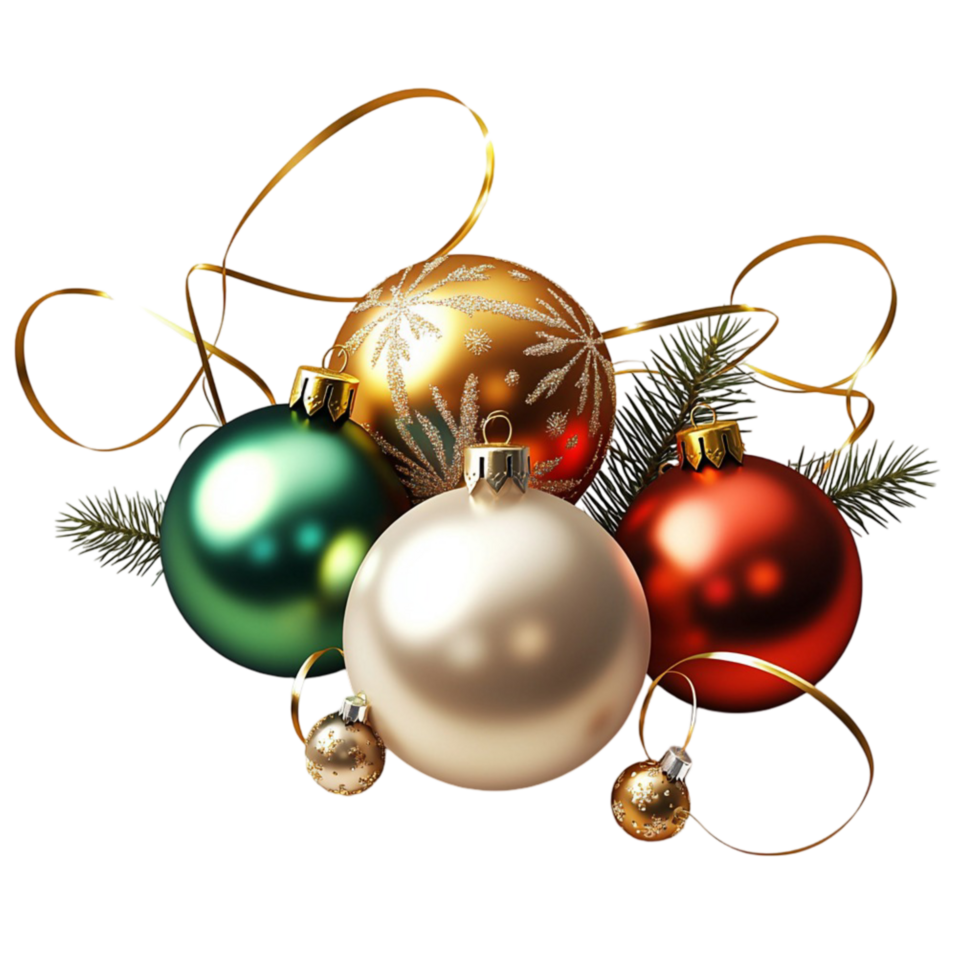 Christmas Ornaments in Red Green and Gold with Golden Ribbons on png