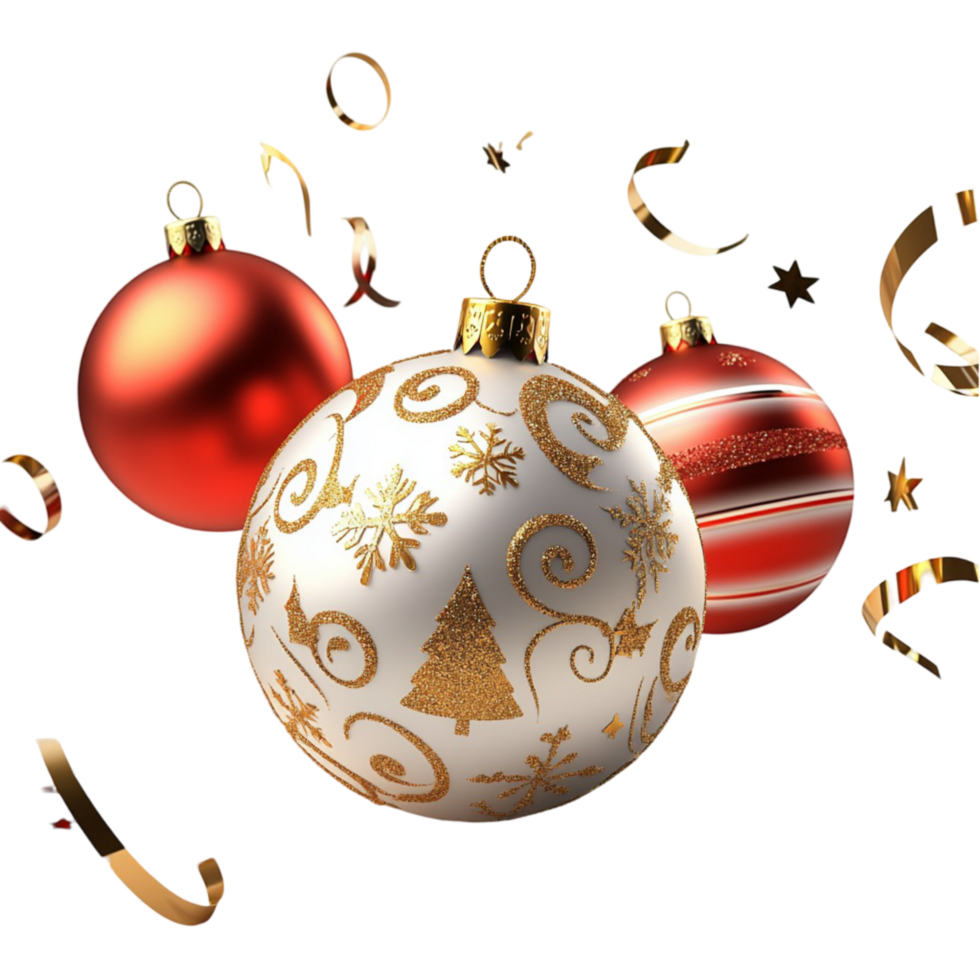 Set of Christmas Baubles in Red and White with Gold Patterns and Ribbons on png