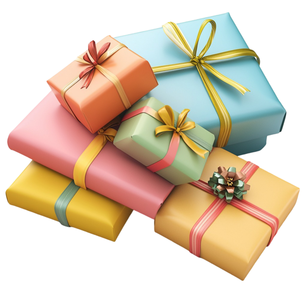 Stack of Gift Boxes with Colorful Wrapping and Ribbons on png