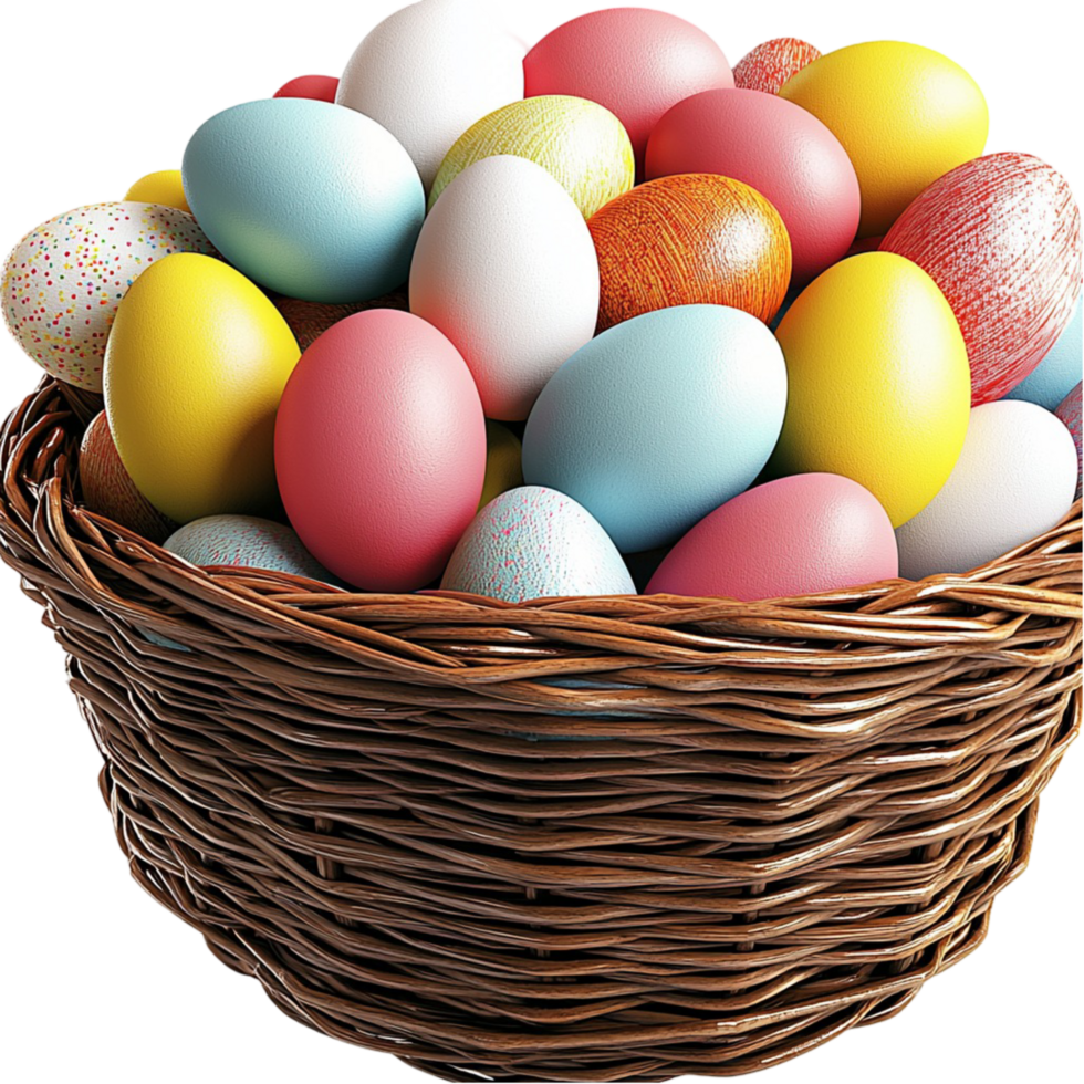 A Wicker Basket Filled with Colorful Easter Eggs on png