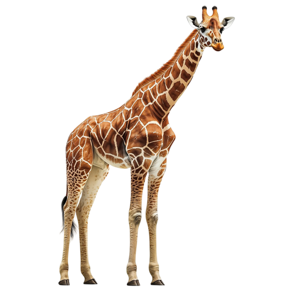 Giraffe Standing with Long Neck and Detailed Fur Texture on png