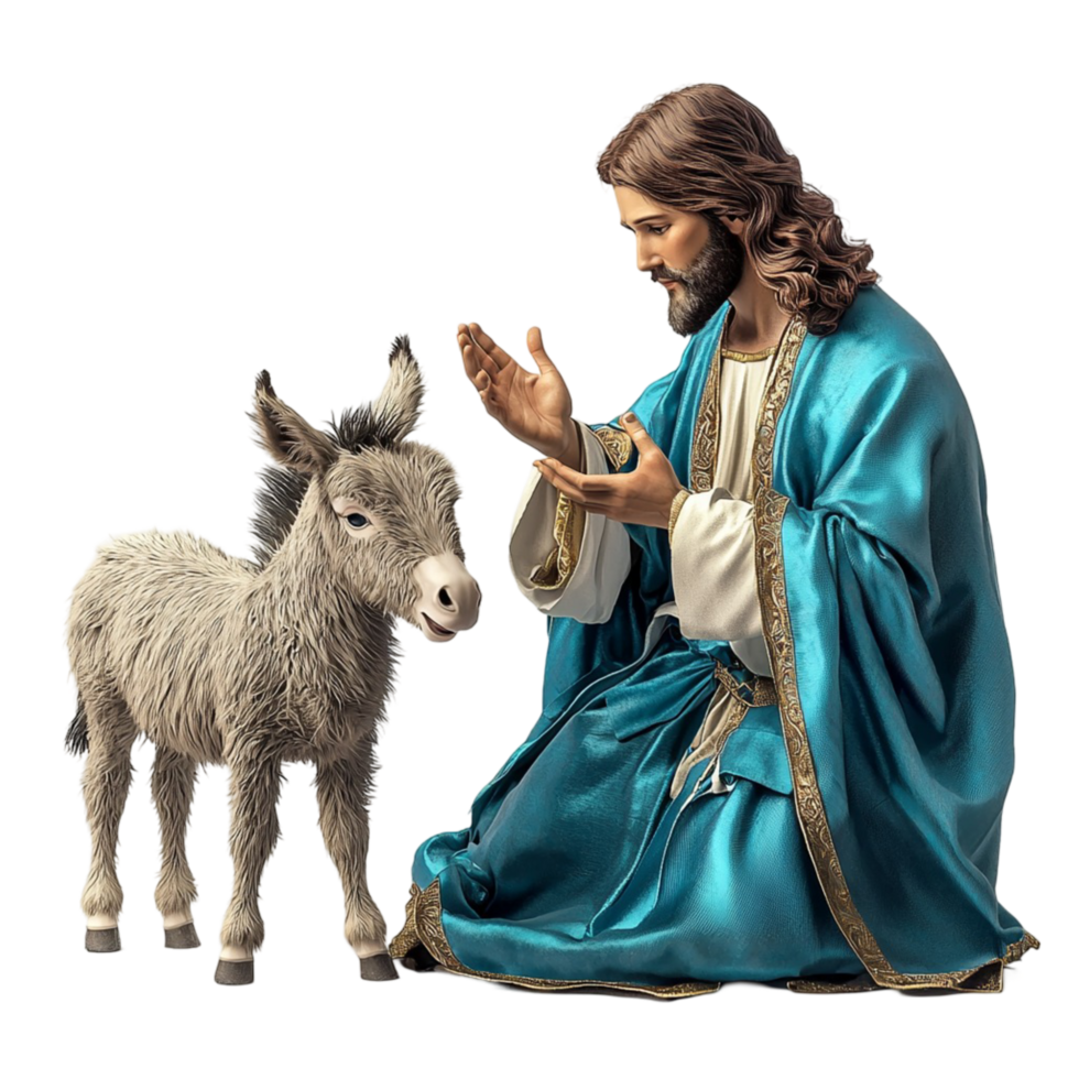 Jesus Christ Praying with Donkey and Lamb for Christian Religious Scene on png