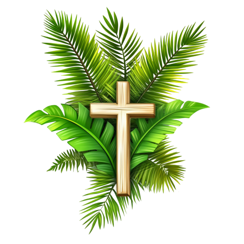Palm Leaves with Wooden Cross Christian Religious Symbol on png
