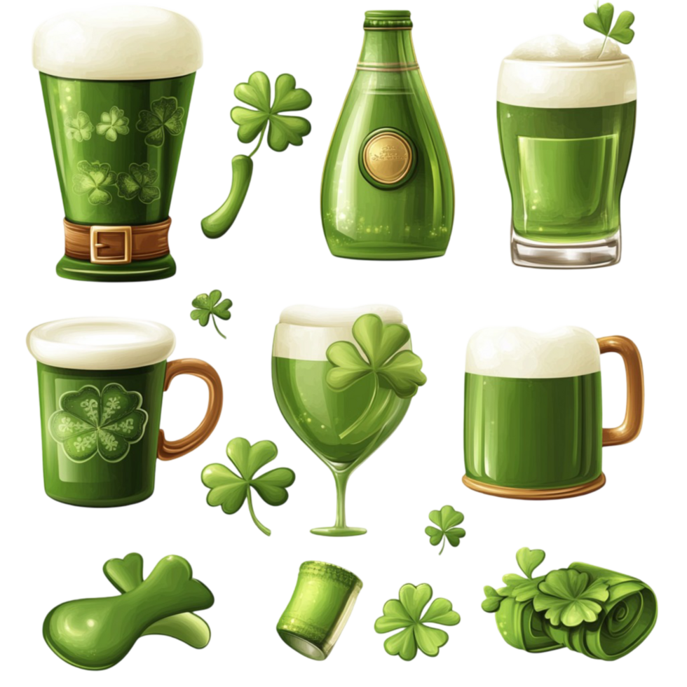 Saint Patricks Day Green Beverages with Shamrocks and Clover Leaves on png