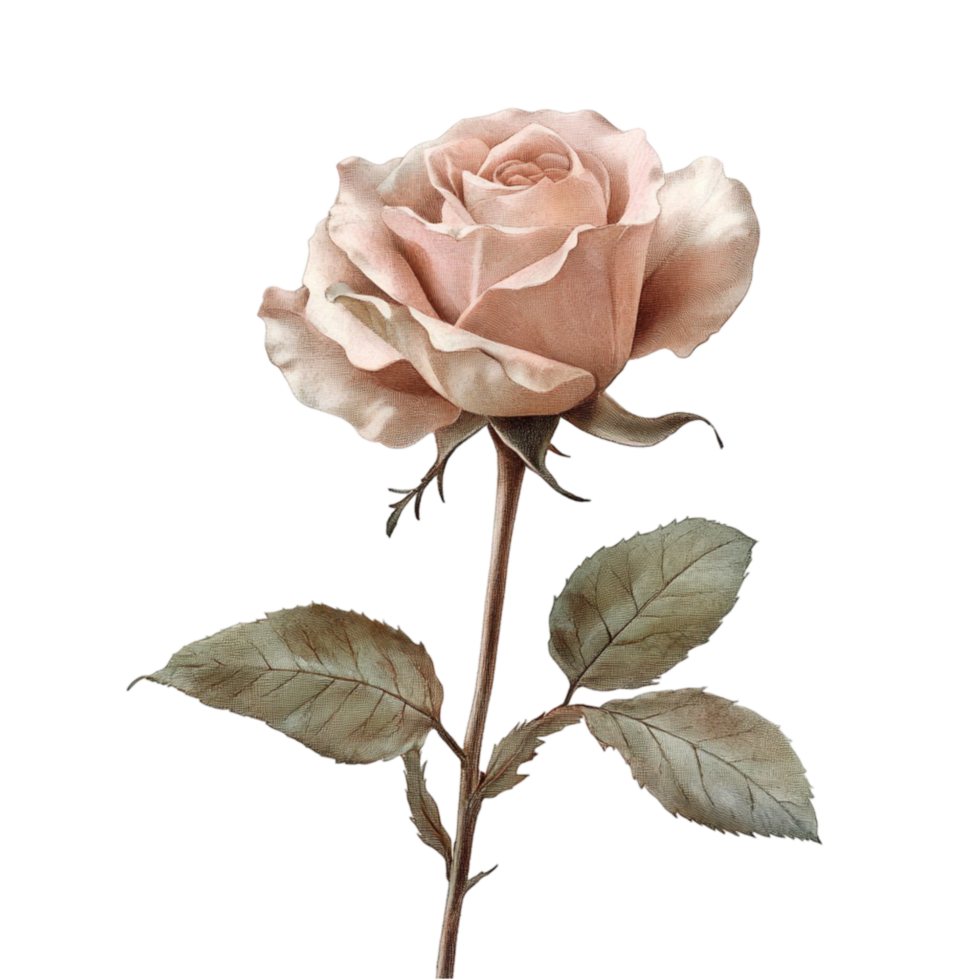 Soft Pink Rose with Green Leaves for Romantic and Vintage Floral Aesthetic png