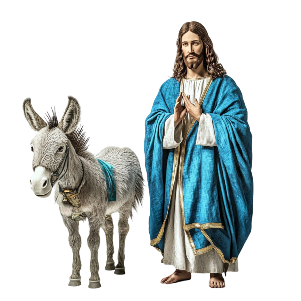 Jesus Christ Walking with a Donkey Wearing a Blue Robe Symbolizing Biblical Journey png