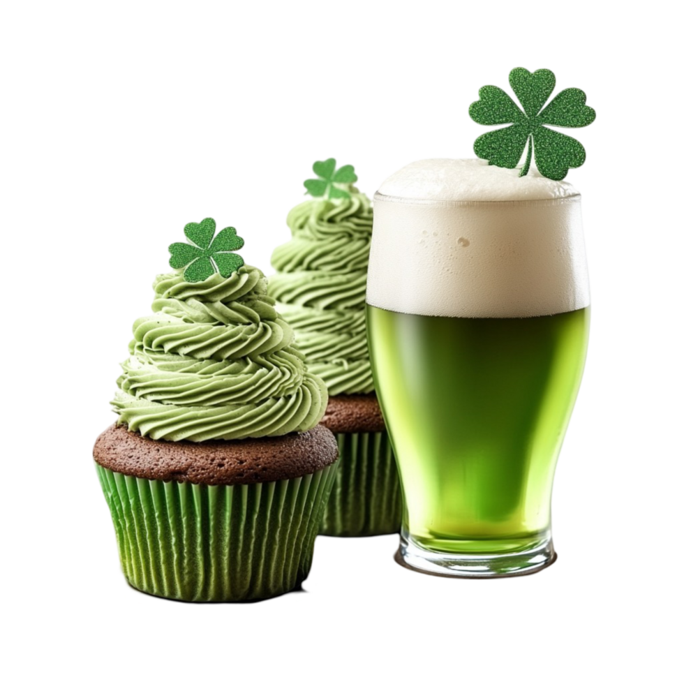 St Patricks Day Green Beer and Cupcakes with Shamrocks for Irish Holiday Celebration png