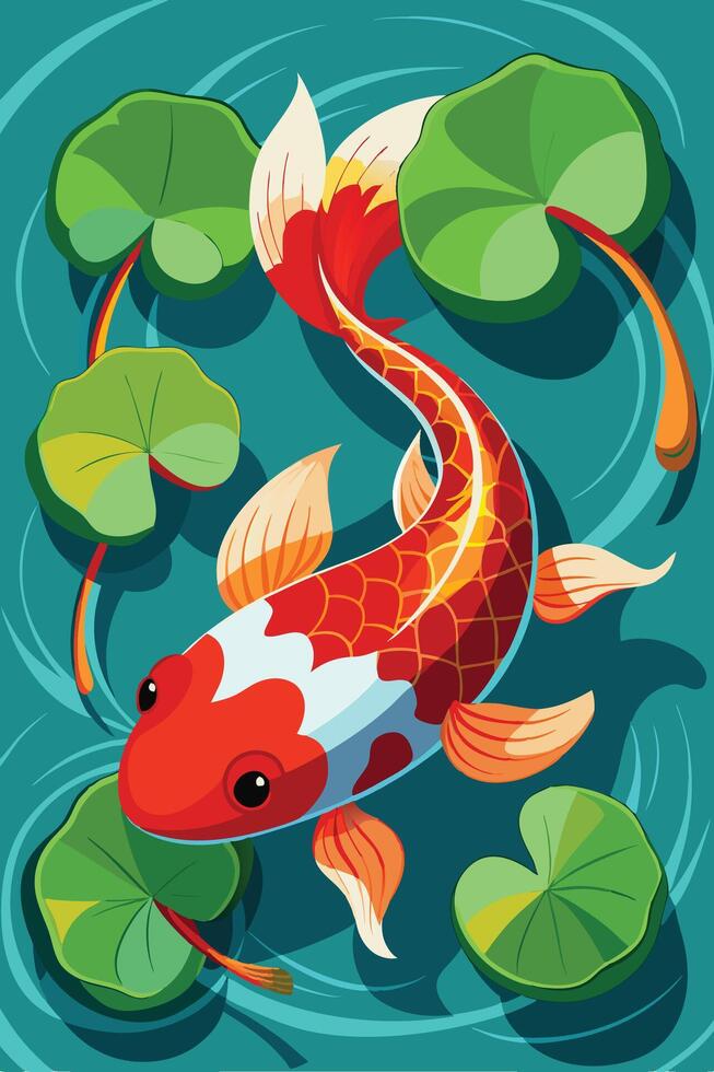 koi fish swimming in water, with red and gold colors, surrounded by green lotus leaves vector