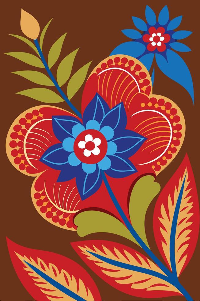 Close-up of batik cloth with Indonesian pattern, featuring red and blue flowers on a brown background. vector