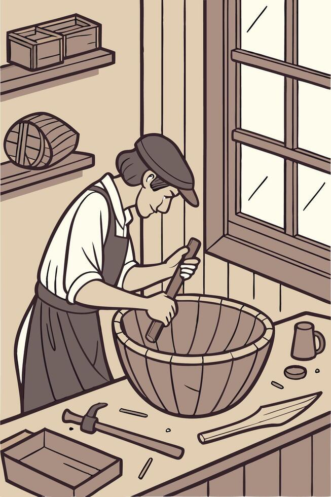 Craftsman shaping wooden bowl in workshop vector