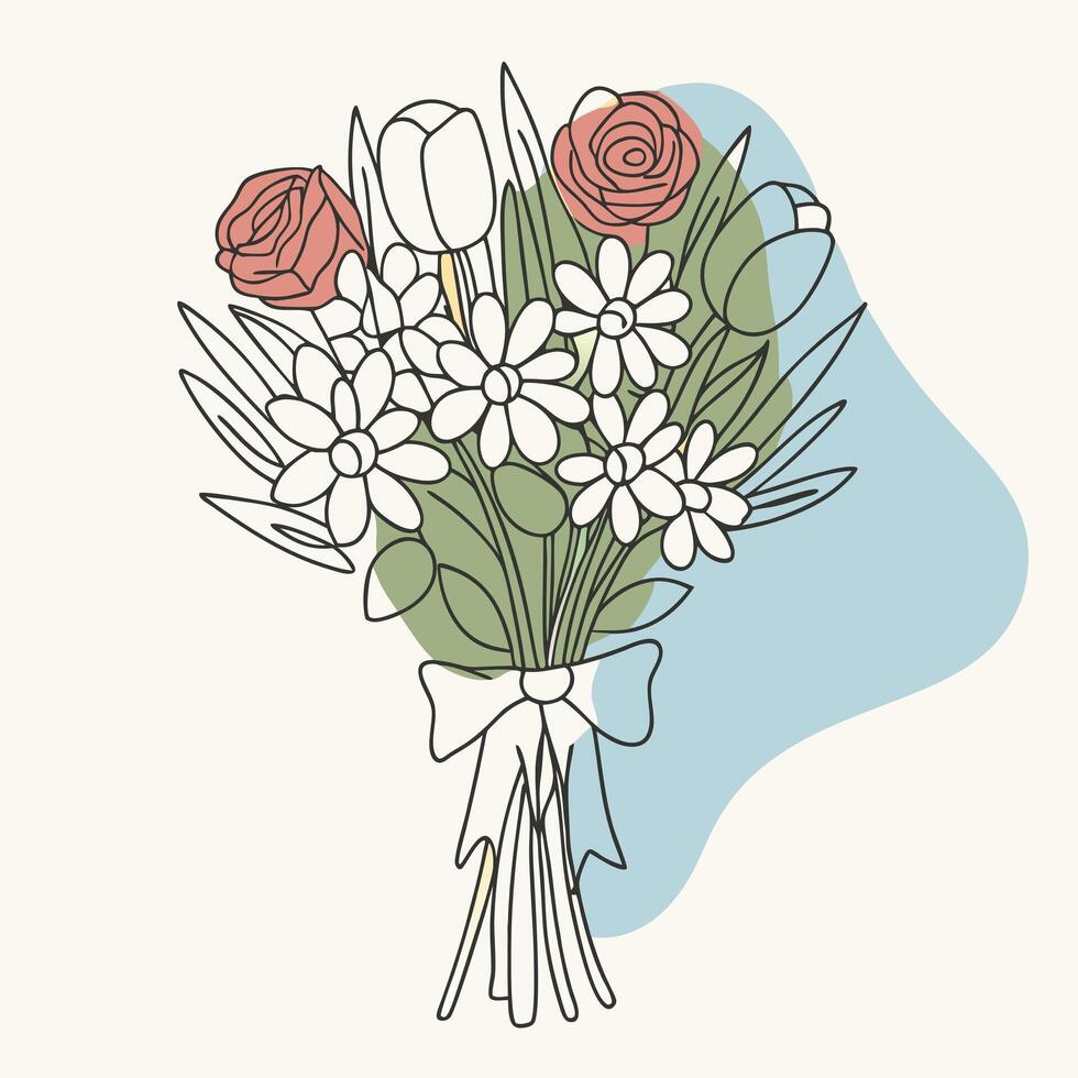 A bouquet of flowers with roses, daisies, and tulips tied together vector