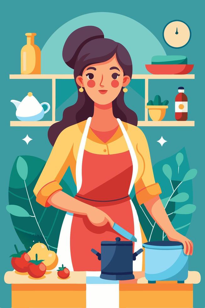A beautiful woman in an apron is cooking at home vector