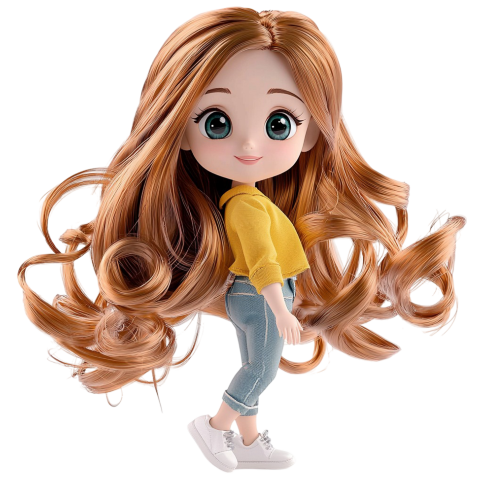 Cute Redhead Doll with Long Curly Hair and Big Eyes for Adorable Toy and Collectible Figure png