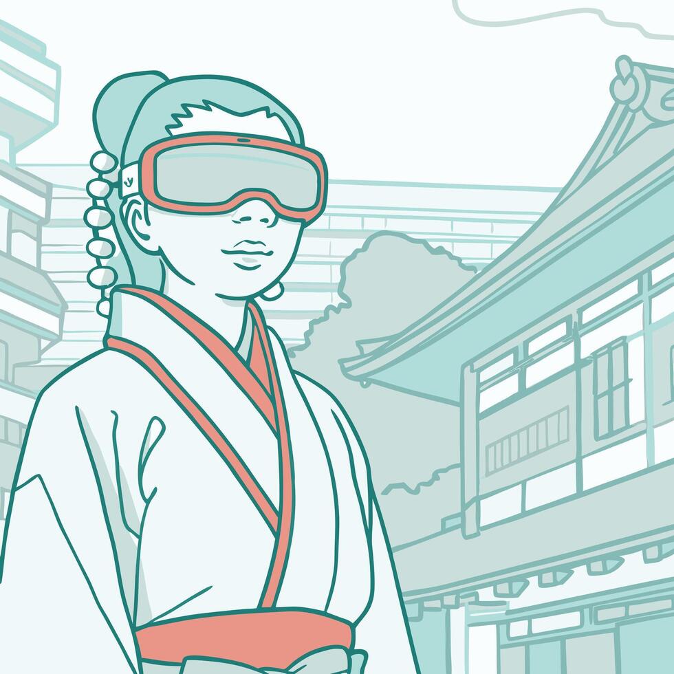 A beautiful Japanese woman in kimono with cyberpunk goggles vector