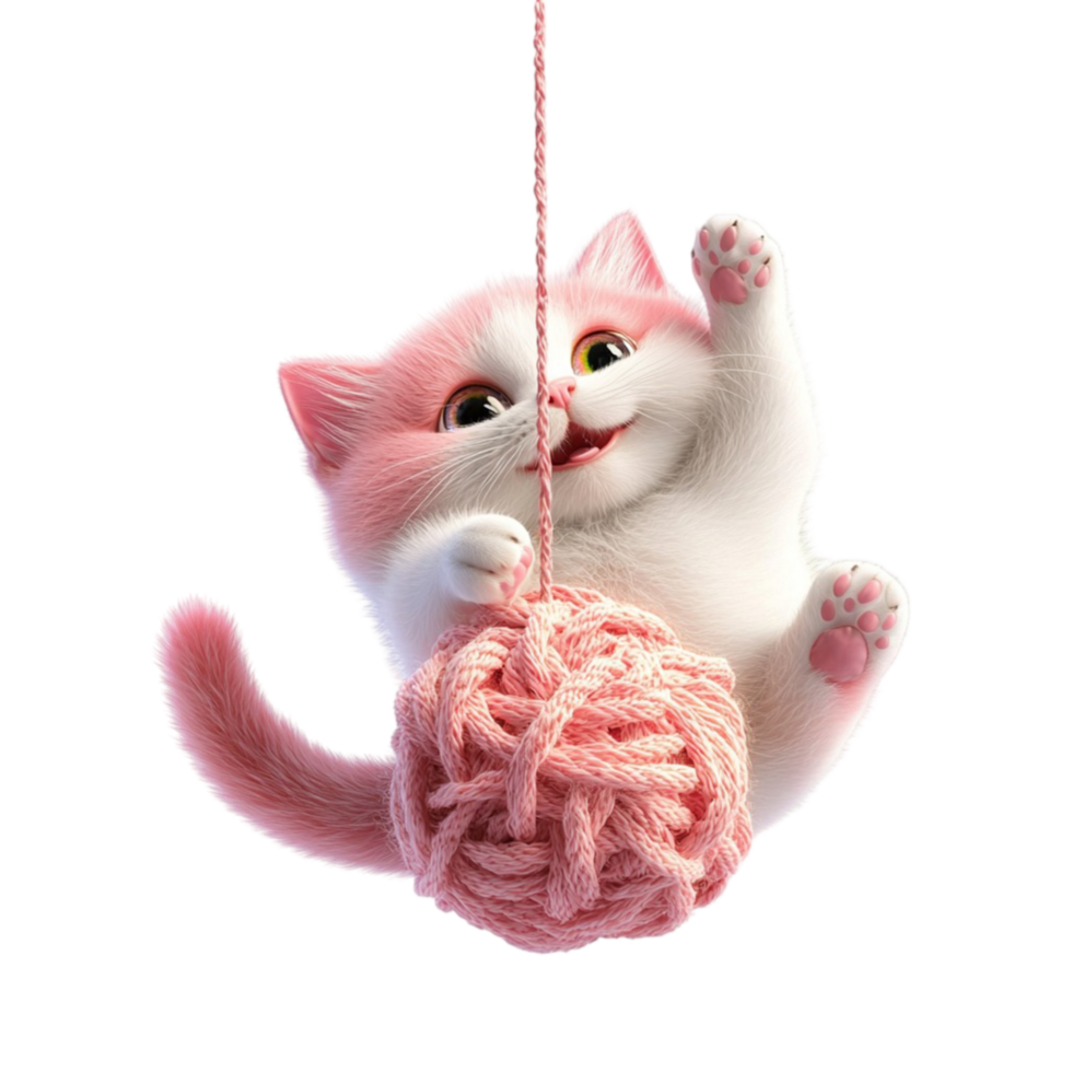 Adorable White Kitten Playing with Pink Yarn Ball for Cute Pet and Animal png