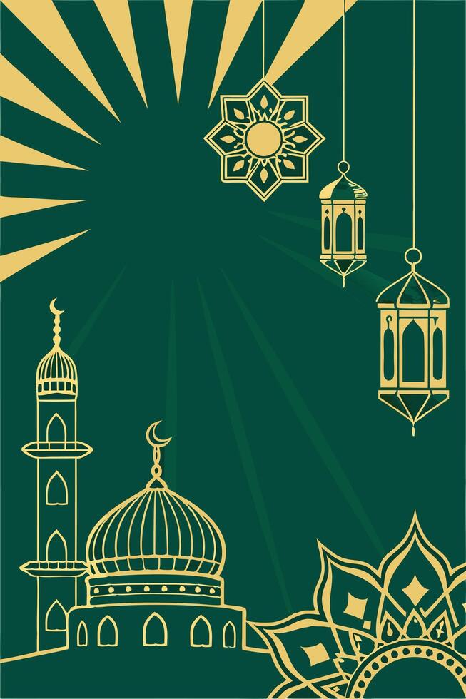 Ramadan Kareem Concept Background, surrounded by Islamic patterns and lanterns hanging from the top of it. vector