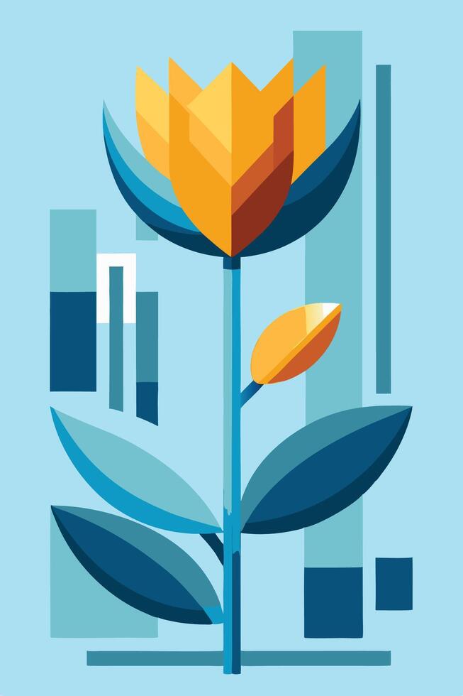 A simple design of the Bauhaus with an orange tulip flower in red and blue tones vector