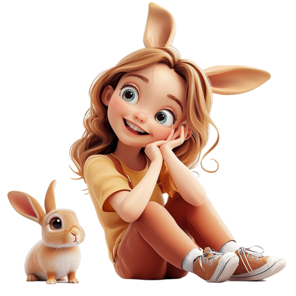 Cute Girl with Bunny Ears and Adorable Rabbit for Easter and Fairytale png