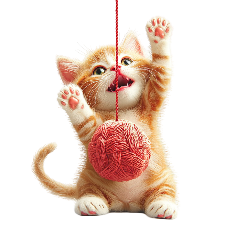 Adorable Playful Kitten Reaching for a Hanging Ball of Yarn for Cute Pet png