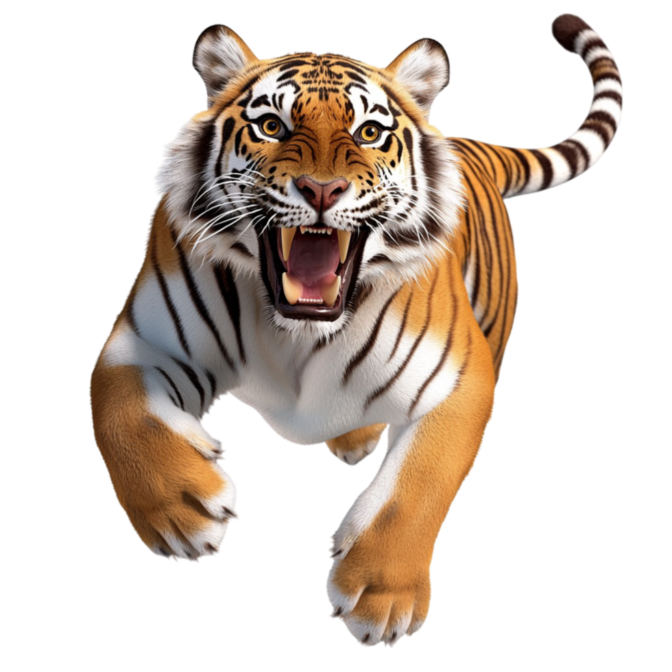 Fierce Bengal Tiger Roaring and Leaping in a Wild Jungle Scene png