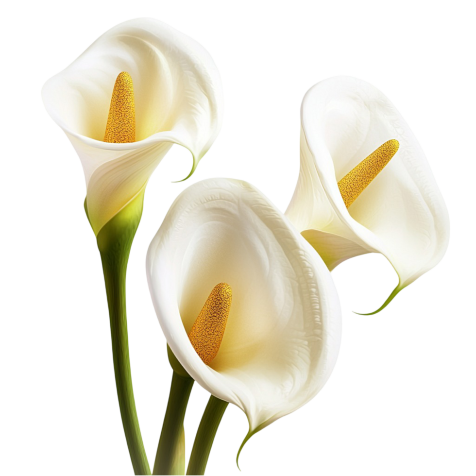 White Calla Lily Flowers with Smooth Petals and Elegant Green Leaves png
