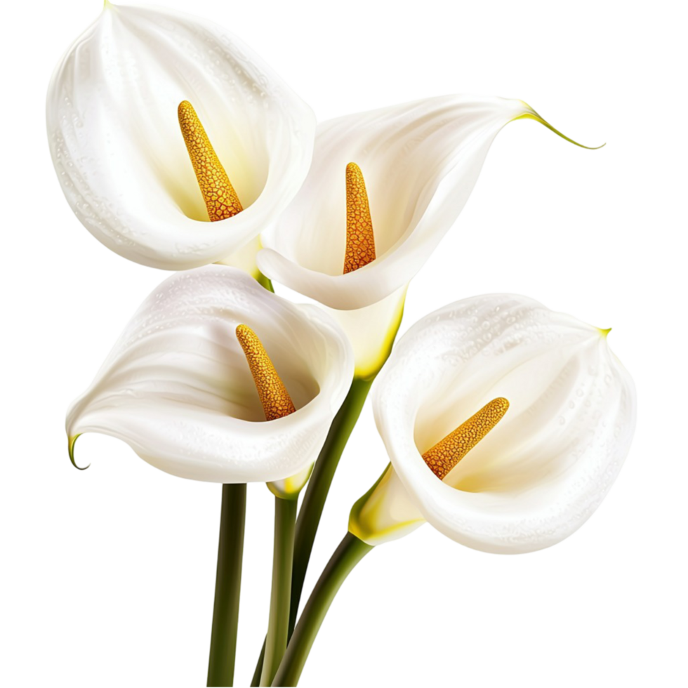 Elegant White Calla Lilies with Green Stems in a Beautiful Floral Arrangement png