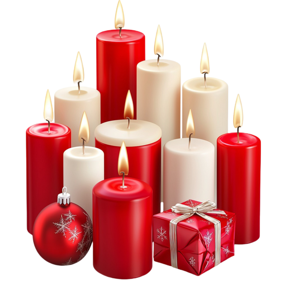Christmas Candles in Red and White with Ornaments and Gift Boxes png