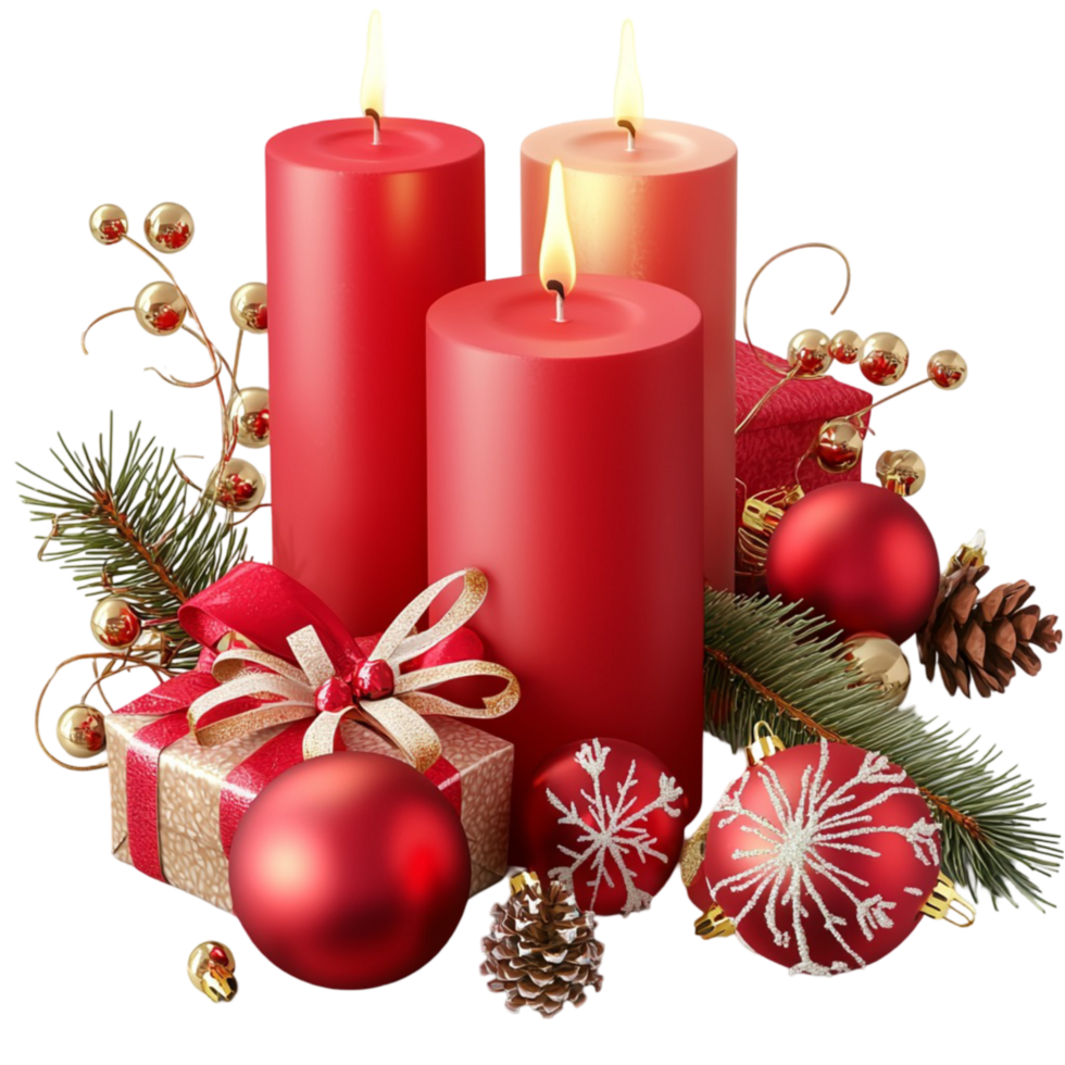 Holiday Red Candles with Pine Branches and Christmas Decorations png