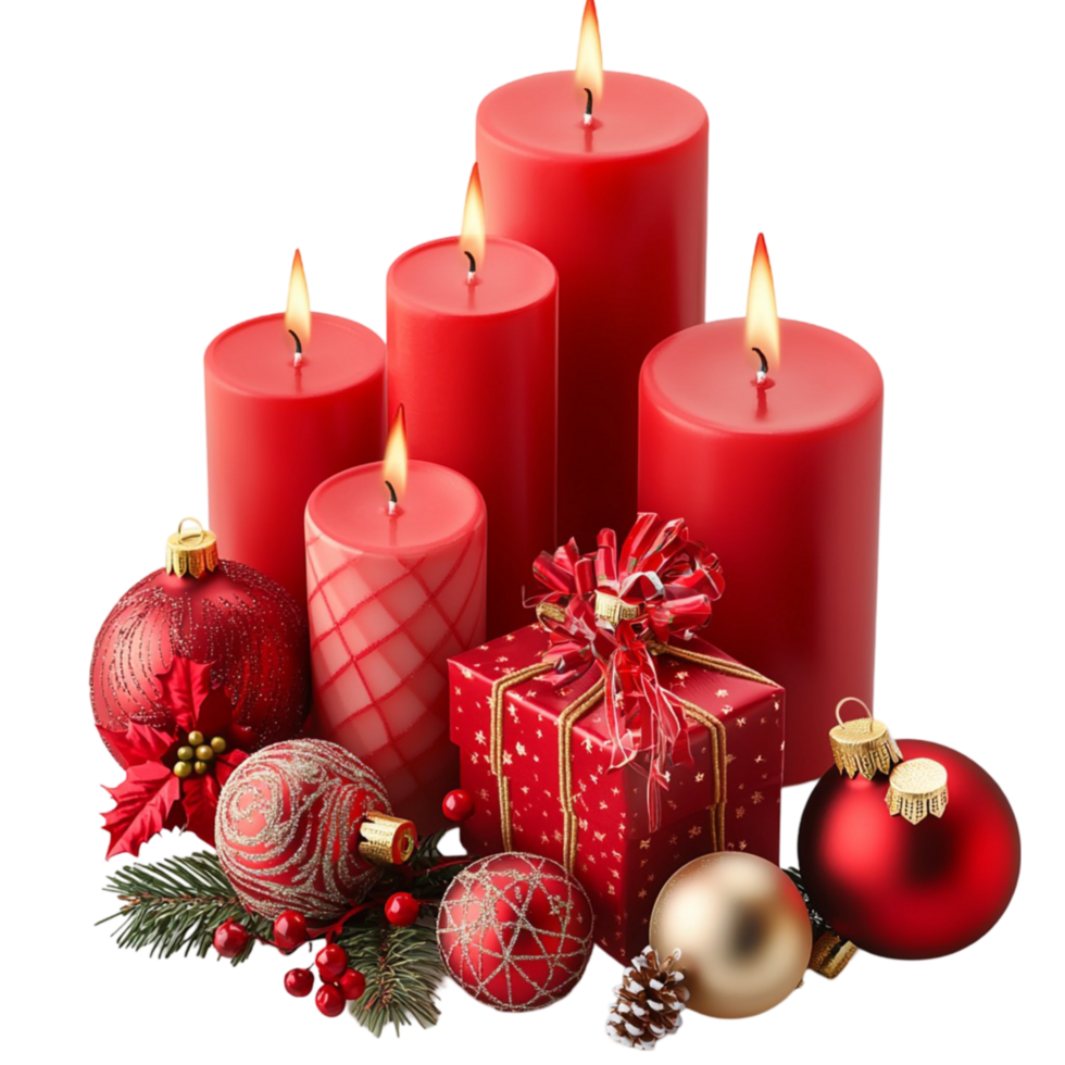 Christmas Red Candle Arrangement with Festive Ornaments and Pinecones png