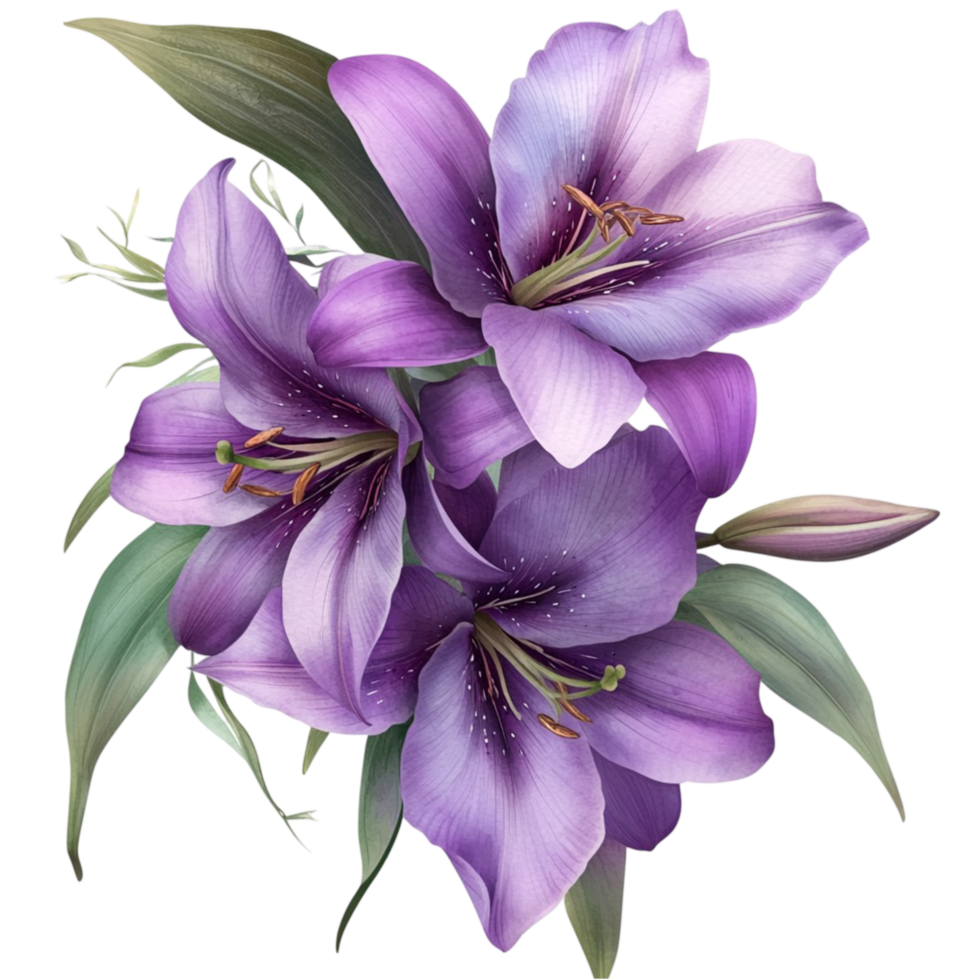 Vibrant Purple Lilies with Green Leaves on png